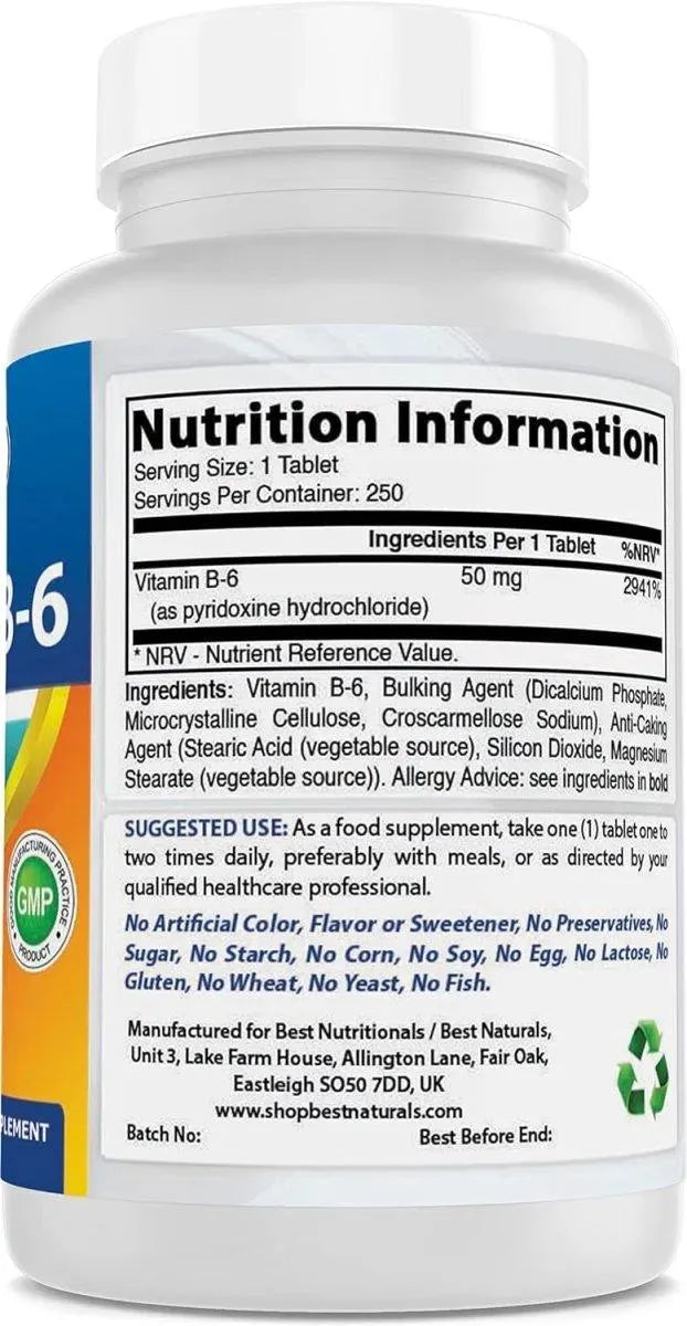 BEST NATURALS - Best Naturals Vitamin B6 50Mg. 250 Tabletas - The Red Vitamin MX - Suplementos Alimenticios - {{ shop.shopifyCountryName }}