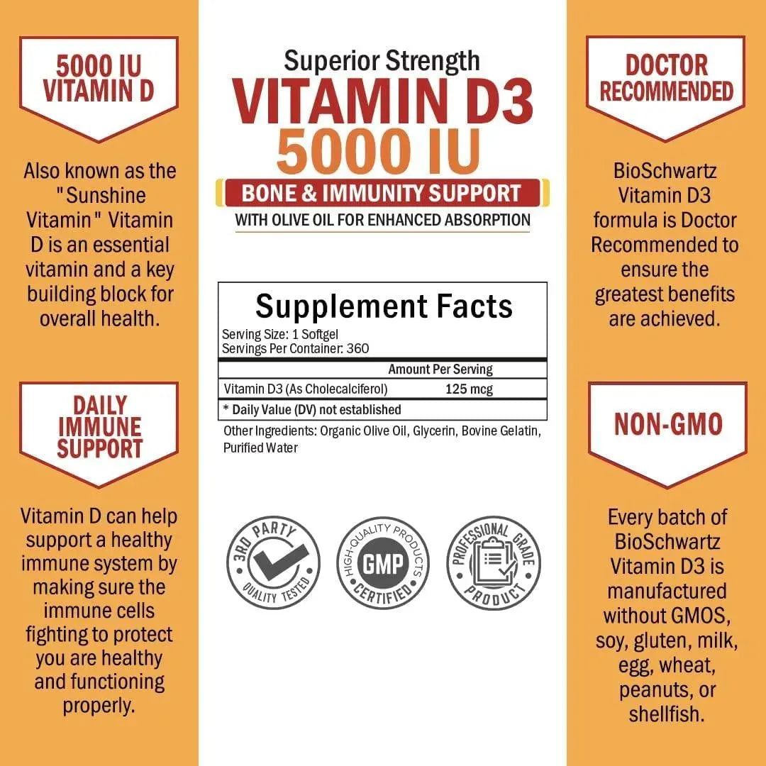 BIO SCHWARTZ - Bio Schwartz Vitamin D3 5,000IU 360 Capsulas - The Red Vitamin MX - Suplementos Alimenticios - {{ shop.shopifyCountryName }}