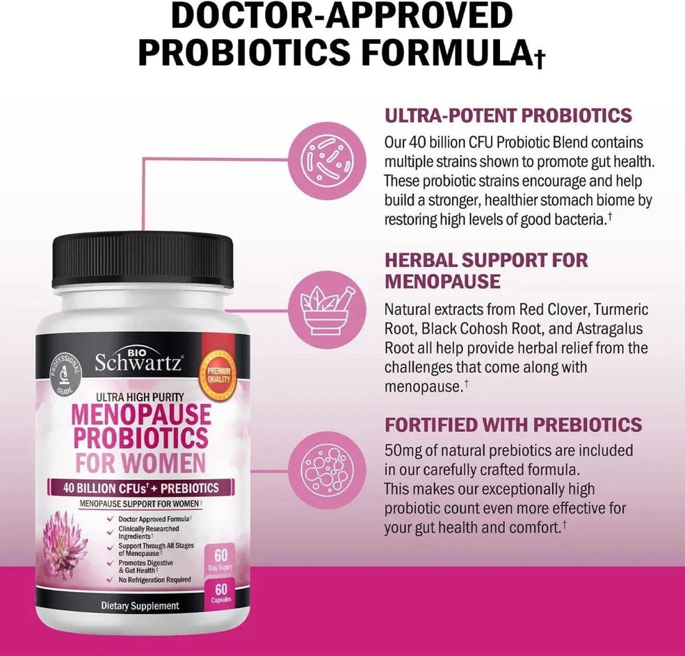 BIO SCHWARTZ - BioSchwartz Menopause Support Probiotics for Women 60 Capsulas - The Red Vitamin MX - Suplementos Alimenticios - {{ shop.shopifyCountryName }}
