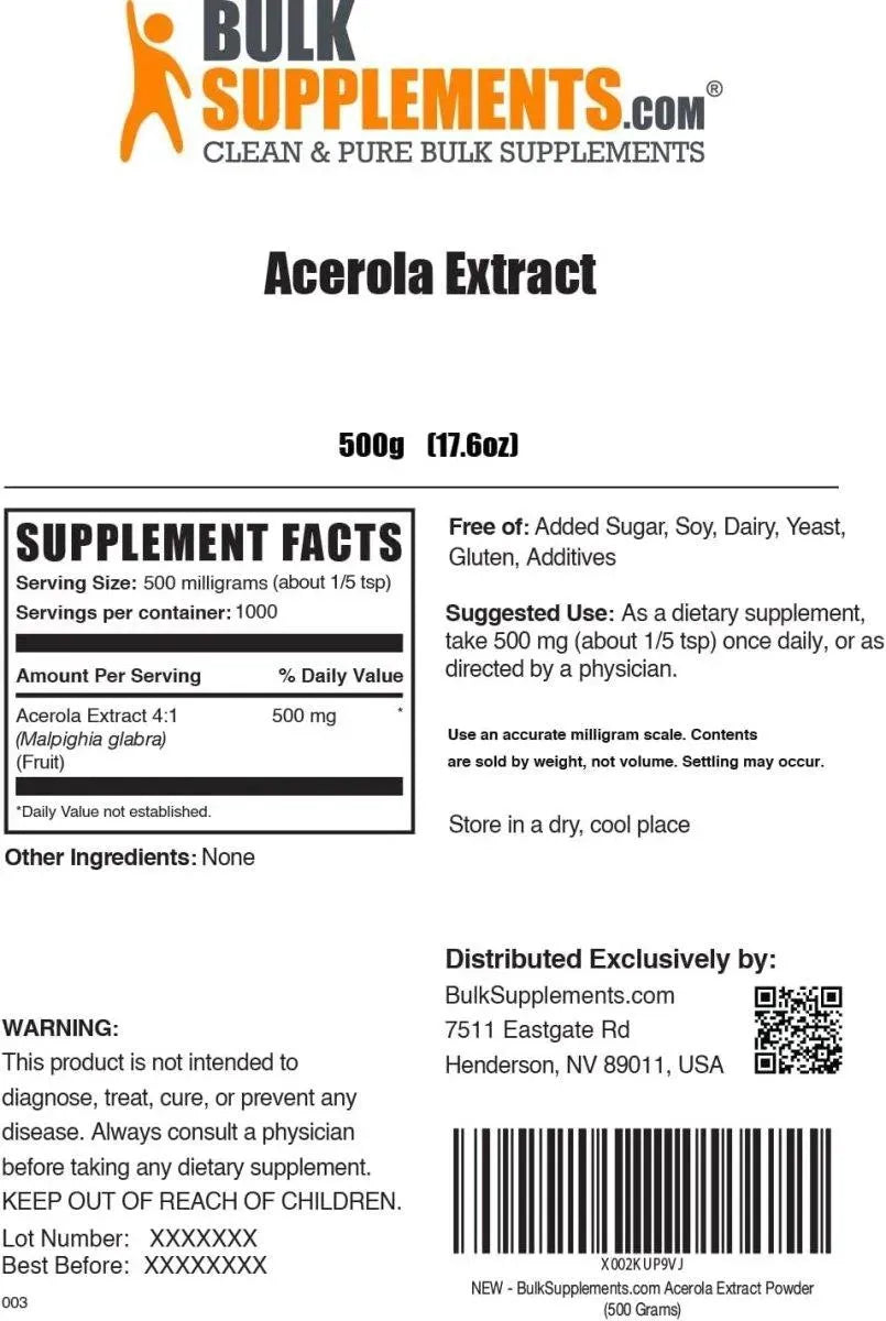 BULK SUPPLEMENTS - Bulk Supplements Acerola Cherry Extract Powder 500Gr. - The Red Vitamin MX - Suplementos Alimenticios - {{ shop.shopifyCountryName }}