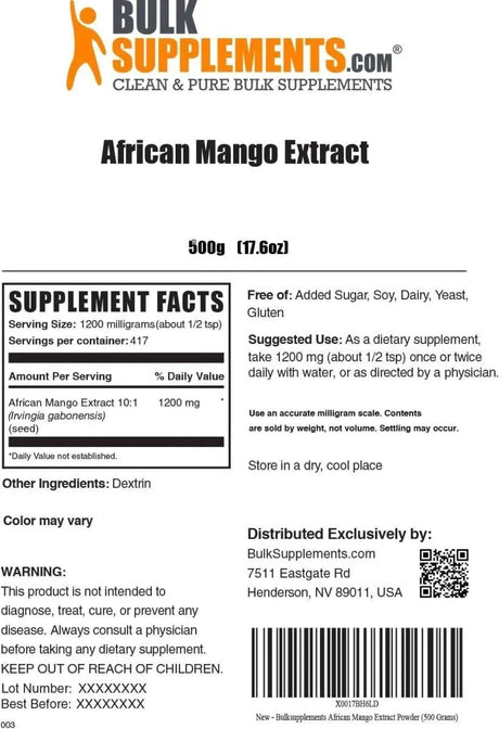 BULK SUPPLEMENTS - Bulk Supplements African Mango Extract Powder 500Gr. - The Red Vitamin MX - Suplementos Alimenticios - {{ shop.shopifyCountryName }}