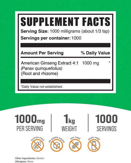 BULK SUPPLEMENTS - Bulk Supplements American Ginseng Extract Powder 1 Kg. - The Red Vitamin MX - Suplementos Alimenticios - {{ shop.shopifyCountryName }}