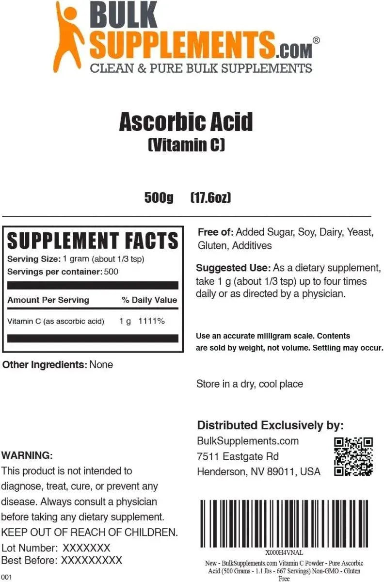 BULK SUPPLEMENTS - Bulk Supplements Ascorbic Acid Vitamin C Powder 500G. - The Red Vitamin MX - Suplementos Alimenticios - {{ shop.shopifyCountryName }}