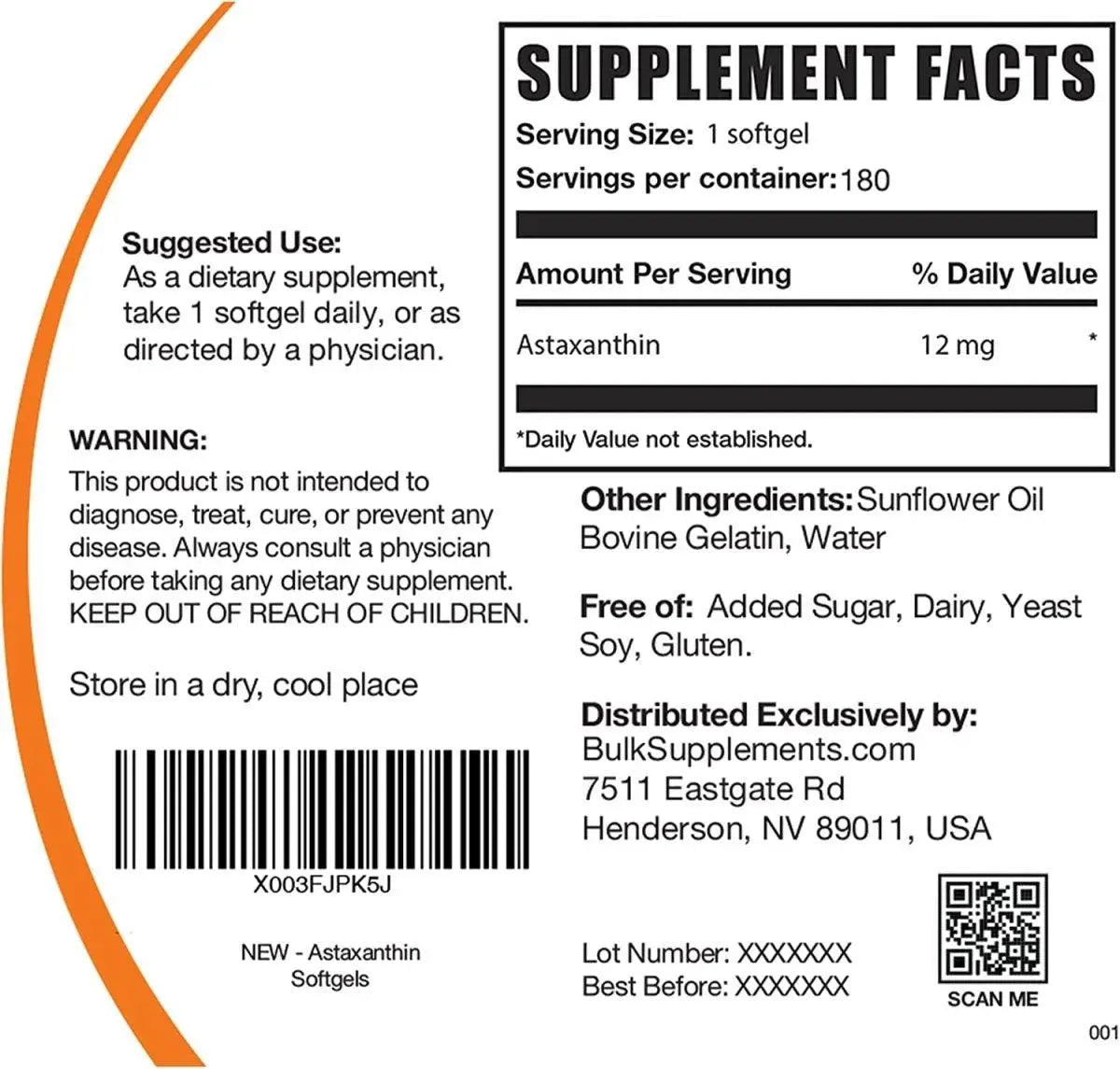 BULK SUPPLEMENTS - Bulk Supplements Astaxanthin 12Mg. 180 Capsulas Blandas - The Red Vitamin MX - Suplementos Alimenticios - {{ shop.shopifyCountryName }}