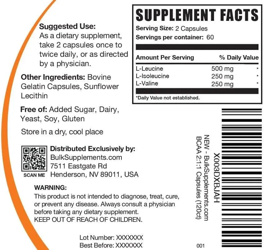 BULK SUPPLEMENTS - Bulk Supplements BCAA 2:1:1 1000Mg. 120 Capsulas - The Red Vitamin MX - Suplementos Alimenticios - {{ shop.shopifyCountryName }}