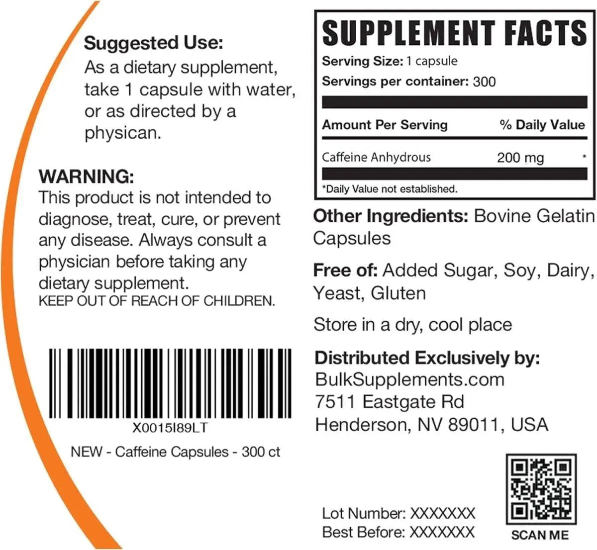 BULK SUPPLEMENTS - Bulk Supplements Caffeine 200Mg. 300 Capsulas - The Red Vitamin MX - Suplementos Alimenticios - {{ shop.shopifyCountryName }}