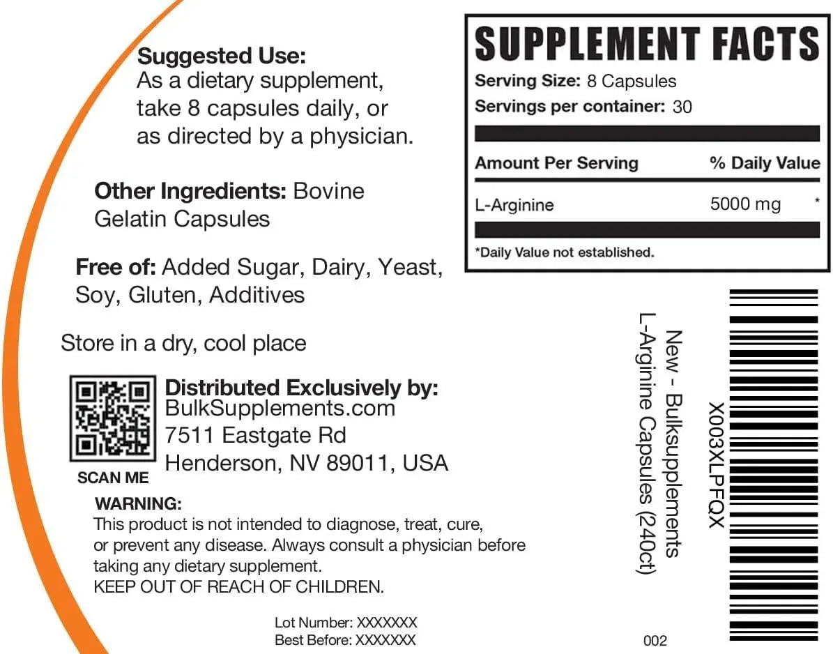BULK SUPPLEMENTS - Bulk Supplements L-Arginine 5000Mg. 240 Capsulas - The Red Vitamin MX - Suplementos Alimenticios - {{ shop.shopifyCountryName }}