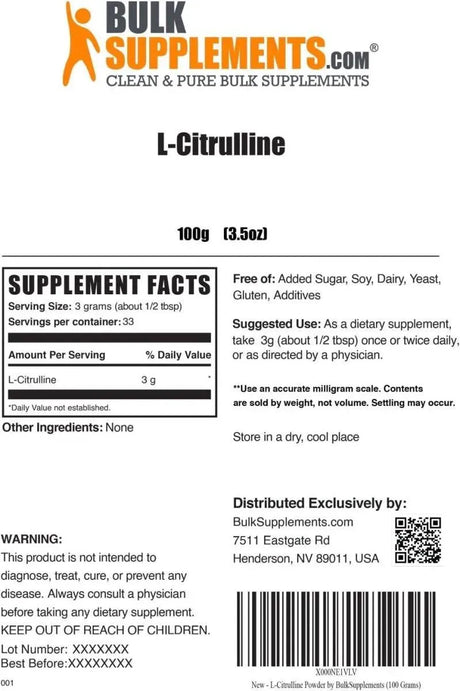 BULK SUPPLEMENTS - Bulk Supplements L-Citrulline Powder 100Gr. - The Red Vitamin MX - Suplementos Alimenticios - {{ shop.shopifyCountryName }}