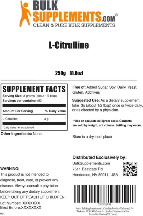 BULK SUPPLEMENTS - Bulk Supplements L-Citrulline Powder 250Gr. - The Red Vitamin MX - Suplementos Alimenticios - {{ shop.shopifyCountryName }}