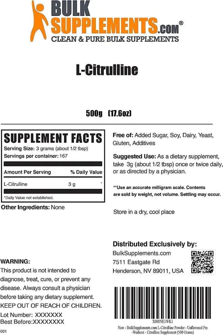 BULK SUPPLEMENTS - Bulk Supplements L-Citrulline Powder 500Gr. - The Red Vitamin MX - Suplementos Alimenticios - {{ shop.shopifyCountryName }}