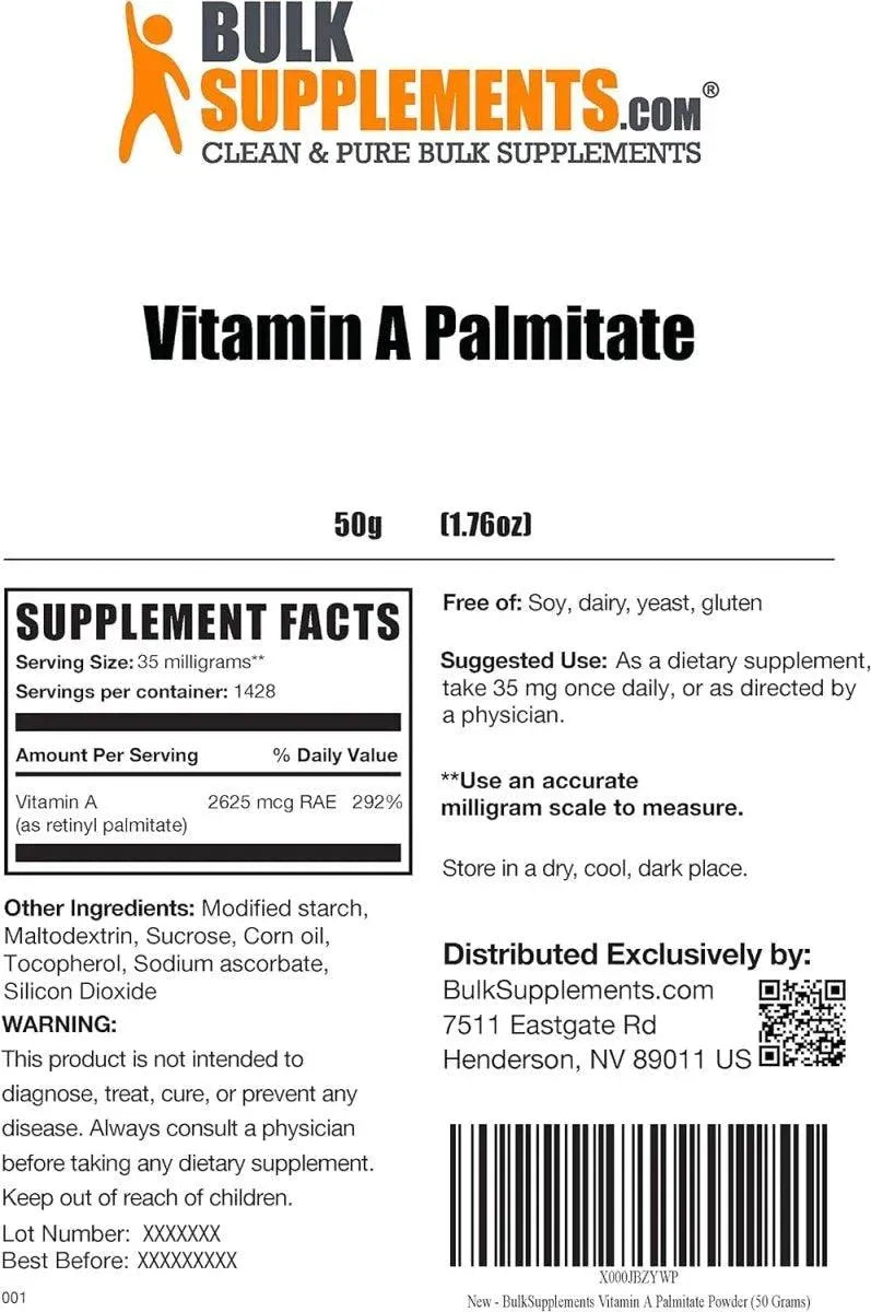 BULK SUPPLEMENTS - Bulk Supplements Vitamin A Palmitate Powder 50Gr. - The Red Vitamin MX - Suplementos Alimenticios - {{ shop.shopifyCountryName }}