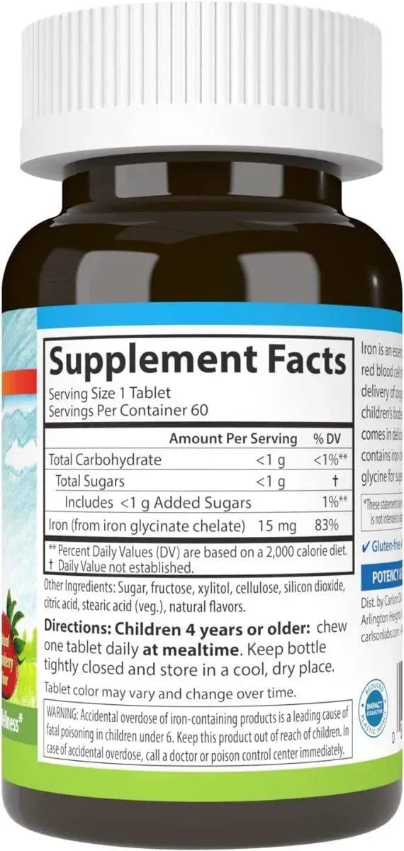 CARLSON - Carlson Kid's Chewable Iron 15Mg. 60 Tabletas - The Red Vitamin MX - Suplementos Alimenticios - {{ shop.shopifyCountryName }}