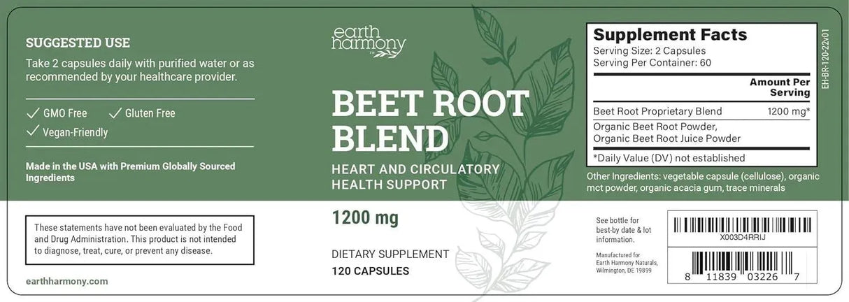 EARTH HARMONY NATURALS - Earth Harmony Naturals Organic Beet Root 1200Mg. 120 Capsulas - The Red Vitamin MX - Suplementos Alimenticios - {{ shop.shopifyCountryName }}