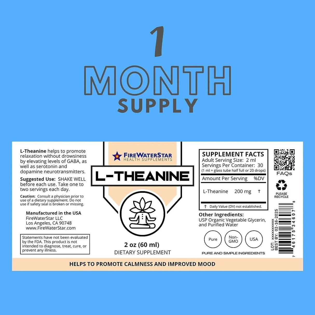 FIREWATERSTAR HEALTH SUPPLEMENTS - FireWaterStar L-Theanine Liquid Drops 200Mg. 60Ml. - The Red Vitamin MX - Suplementos Alimenticios - {{ shop.shopifyCountryName }}