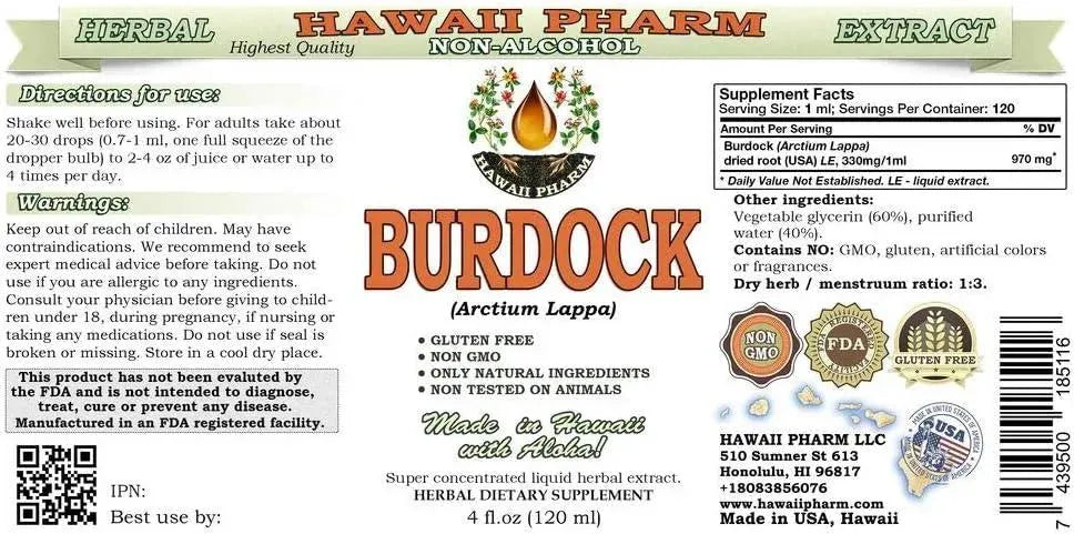 HAWAIIPHARM - Hawaii Pharm Burdock Alcohol-Free Liquid Extract 4 Fl.Oz. - The Red Vitamin MX - Suplementos Alimenticios - {{ shop.shopifyCountryName }}