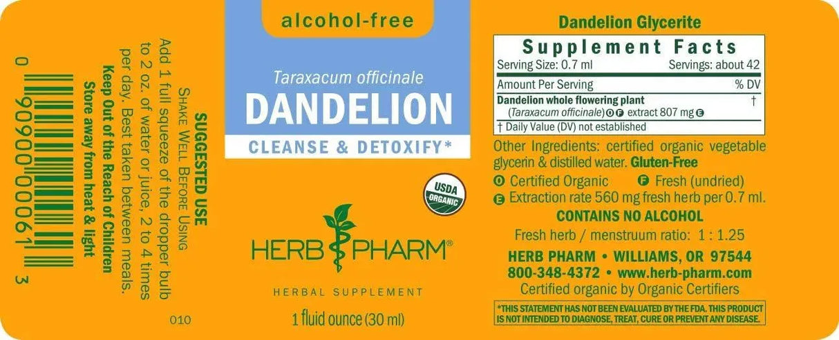 HERB PHARM - Herb Pharm Certified Organic Dandelion Liquid Extract 30Ml. - The Red Vitamin MX - Suplementos Alimenticios - {{ shop.shopifyCountryName }}