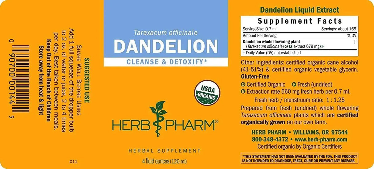 HERB PHARM - Herb Pharm Certified Organic Dandelion Liquid Extract 60Ml. - The Red Vitamin MX - Suplementos Alimenticios - {{ shop.shopifyCountryName }}