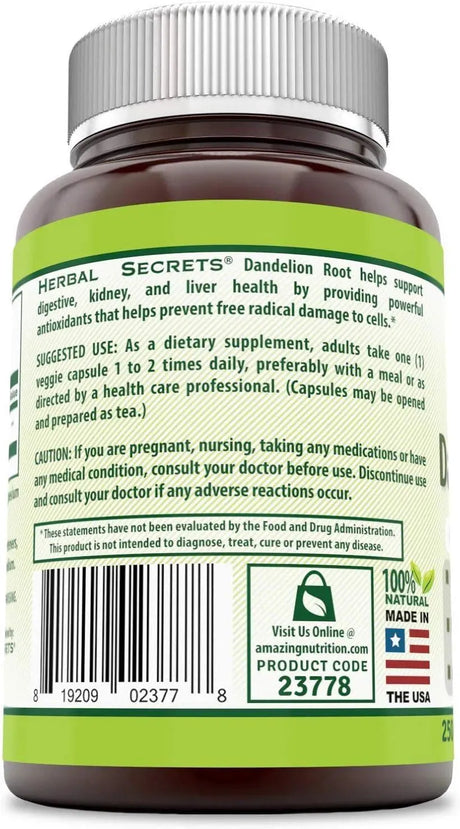HERBAL SECRETS - Herbal Secrets Dandelion Root 520Mg. 250 Capsulas - The Red Vitamin MX - Suplementos Alimenticios - {{ shop.shopifyCountryName }}