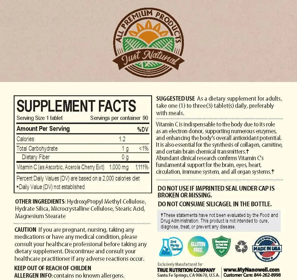 JUST NATURAL - Just Natural Acerola Cherry Vitamin C 1000Mg. 90 Tabletas - The Red Vitamin MX - Suplementos Alimenticios - {{ shop.shopifyCountryName }}