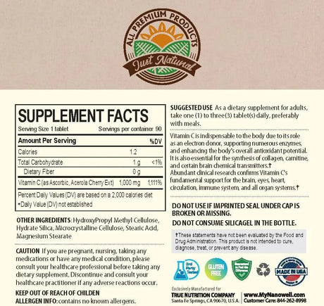 JUST NATURAL - Just Natural Acerola Cherry Vitamin C 1000Mg. 90 Tabletas - The Red Vitamin MX - Suplementos Alimenticios - {{ shop.shopifyCountryName }}