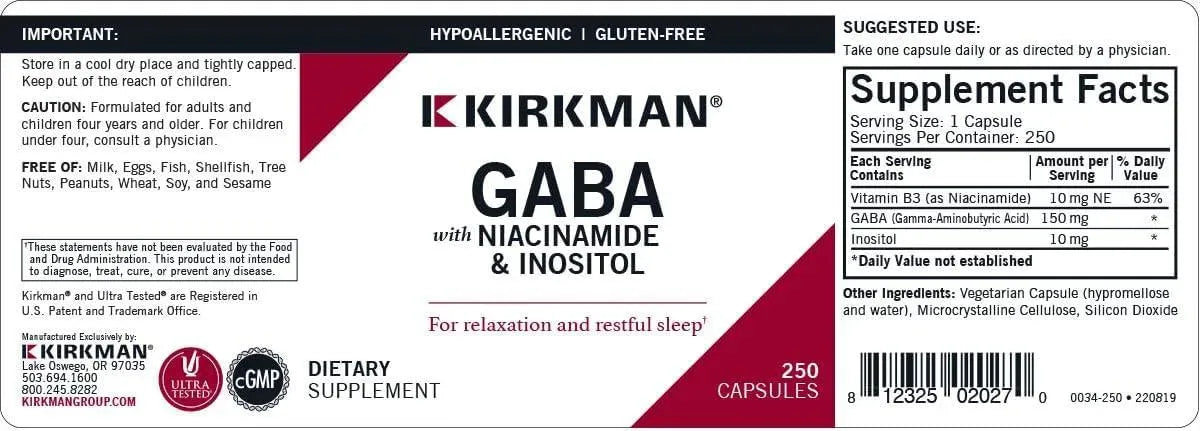 KIRKMAN - Kirkman GABA with Niacinamide & Inositol 250 Capsulas - The Red Vitamin MX - Suplementos Alimenticios - {{ shop.shopifyCountryName }}