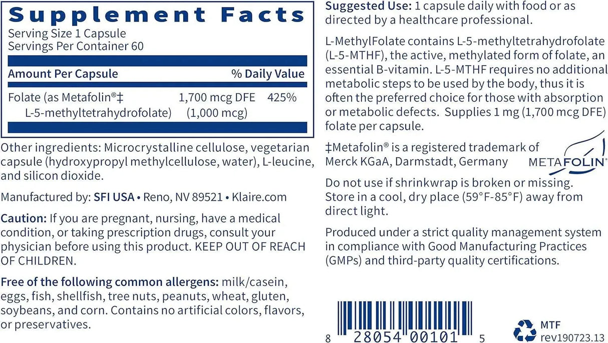 KLAIRE LABS - Klaire Labs L-Methylfolate 1000mcg 60 Capsulas - The Red Vitamin MX - Suplementos Alimenticios - {{ shop.shopifyCountryName }}
