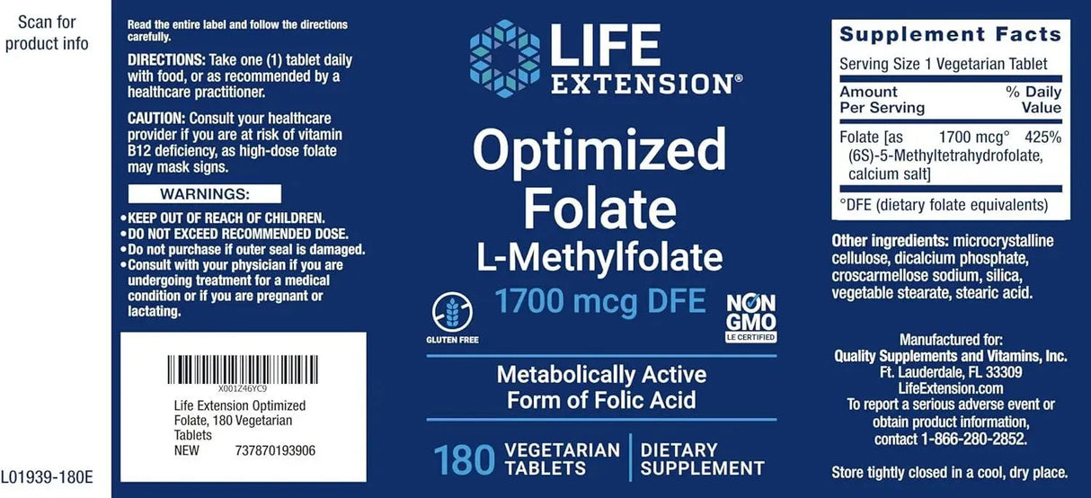 LIFE EXTENSION - Life Extension Optimized Folate (L-Methylfolate) 1700mcg 180 Tabletas - The Red Vitamin MX - Suplementos Alimenticios - {{ shop.shopifyCountryName }}
