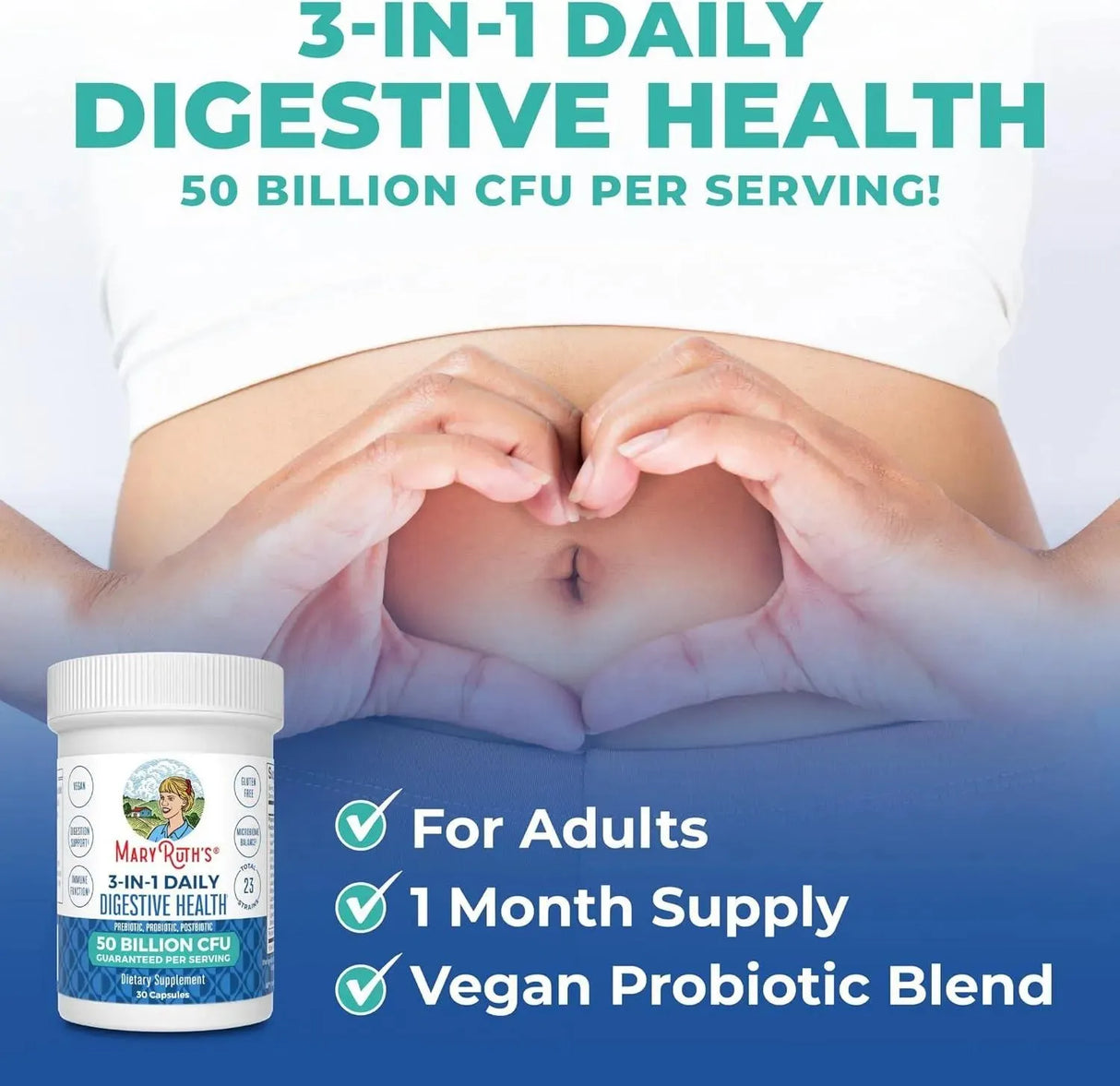 MARY RUTH ORGANICS - Mary Ruth's 3 in 1 Digestive Health Probiotic 30 Capsulas - The Red Vitamin MX - Suplementos Alimenticios - {{ shop.shopifyCountryName }}