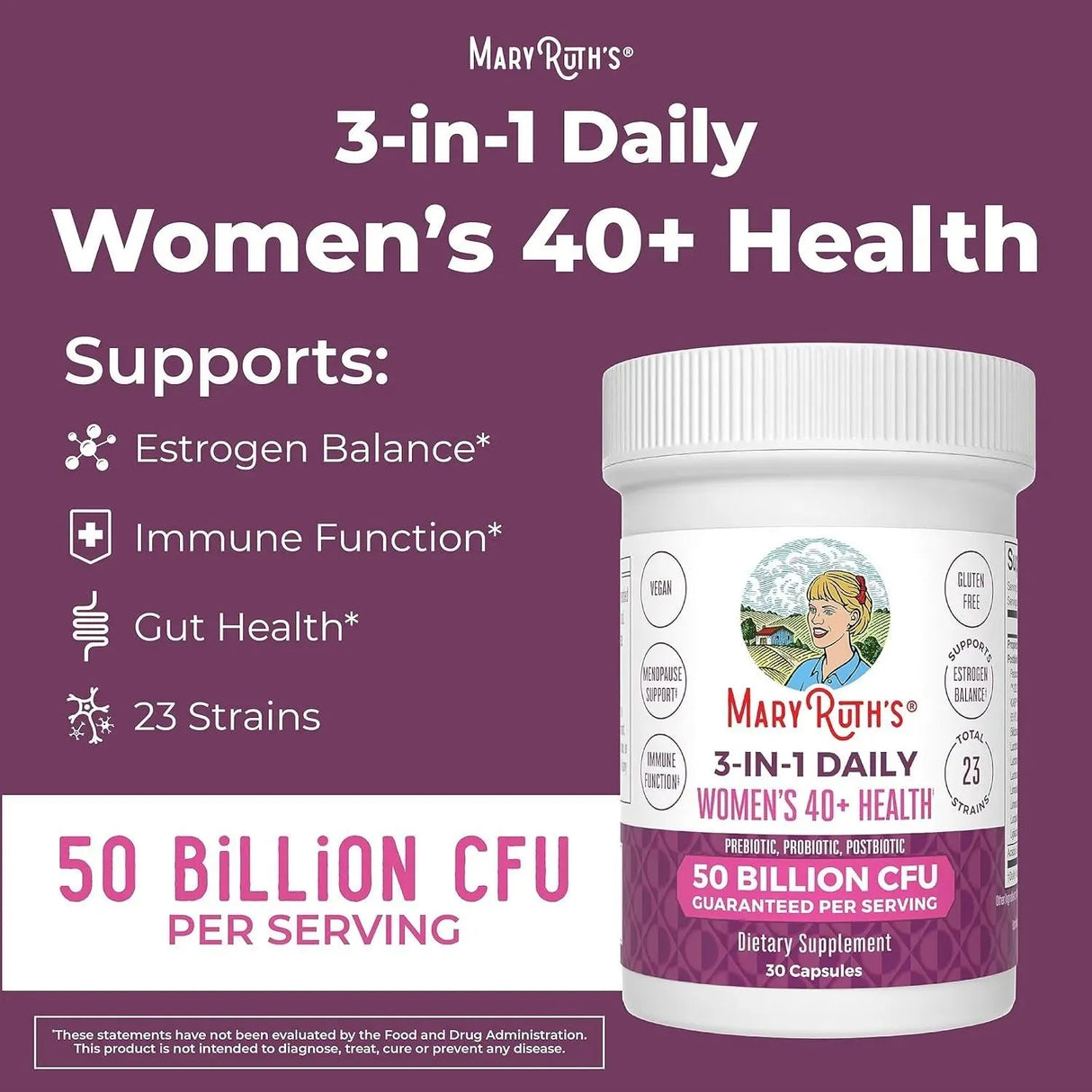 MARY RUTH ORGANICS - MaryRuth's 3-in-1 Daily Health 40+ Probiotics for Women 30 Capsulas - The Red Vitamin MX - Suplementos Alimenticios - {{ shop.shopifyCountryName }}
