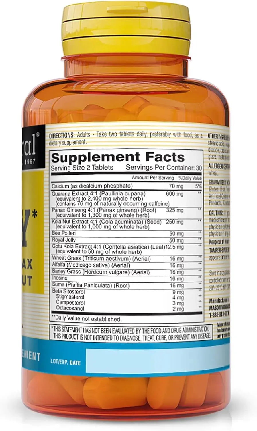 MASON NATURAL - MASON NATURAL Super Energy with Guarana, Panax Ginseng & Kola Nut 60 Tabletas - The Red Vitamin MX - Suplementos Alimenticios - {{ shop.shopifyCountryName }}