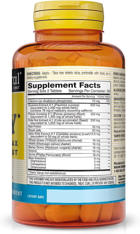 MASON NATURAL - MASON NATURAL Super Energy with Guarana, Panax Ginseng & Kola Nut 60 Tabletas - The Red Vitamin MX - Suplementos Alimenticios - {{ shop.shopifyCountryName }}