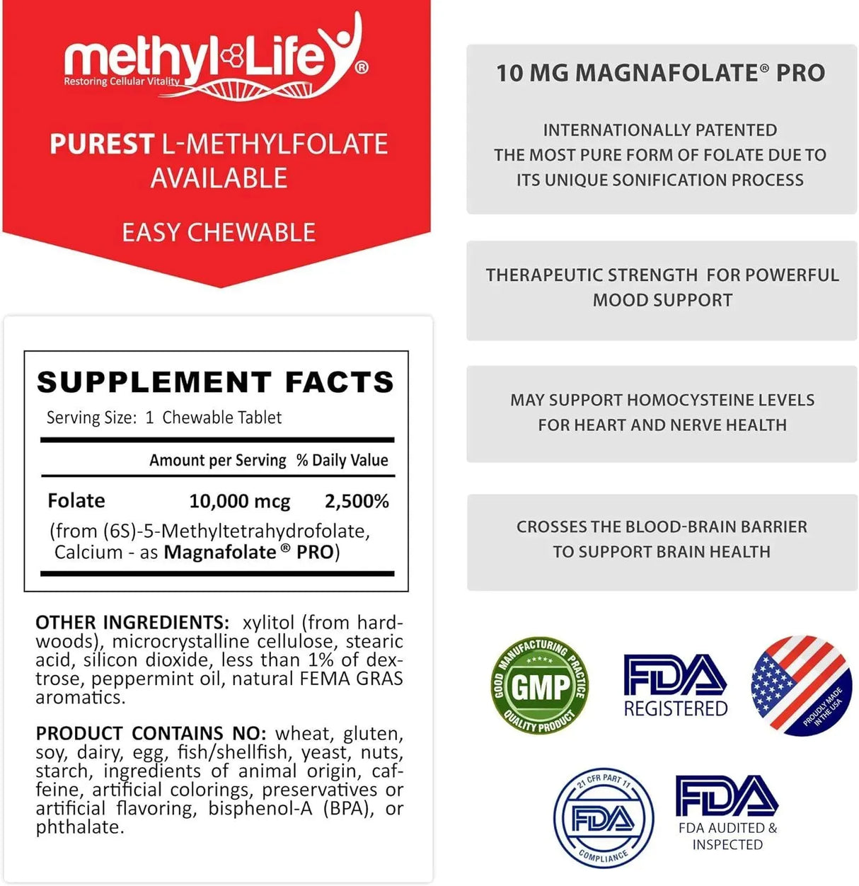 METHYL-LIFE - Methyl-Life Purest L-Methylfolate 10Mg. 90 Tabletas Masticables - The Red Vitamin MX - Suplementos Alimenticios - {{ shop.shopifyCountryName }}