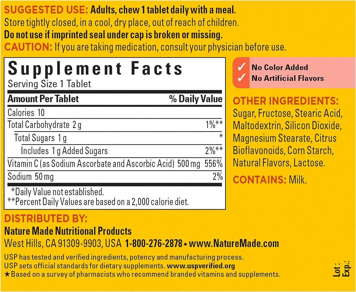 NATURE MADE - Nature Made Chewable Vitamin C 500Mg. 60 Tabletas - The Red Vitamin MX - Suplementos Alimenticios - {{ shop.shopifyCountryName }}