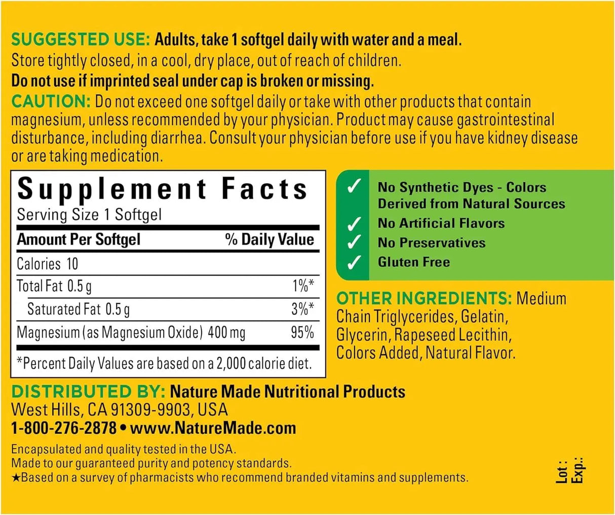 NATURE MADE - Nature Made Extra Strength Magnesium Oxide 400Mg. 60 Capsulas Blandas - The Red Vitamin MX - Suplementos Alimenticios - {{ shop.shopifyCountryName }}