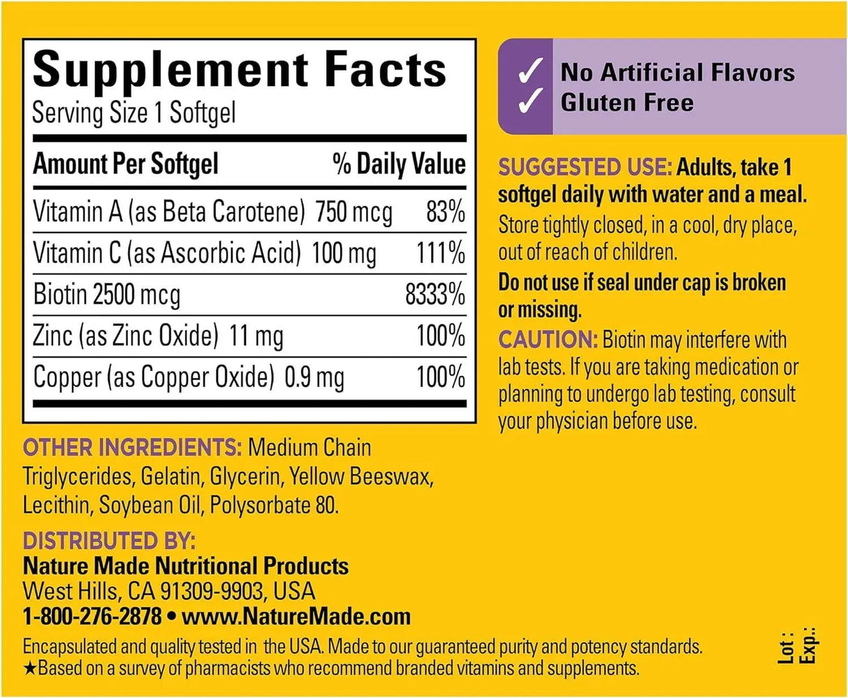 NATURE MADE - Nature Made Hair Skin and Nails with Biotin 2500mcg 60 Capsulas Blandas - The Red Vitamin MX - Suplementos Alimenticios - {{ shop.shopifyCountryName }}