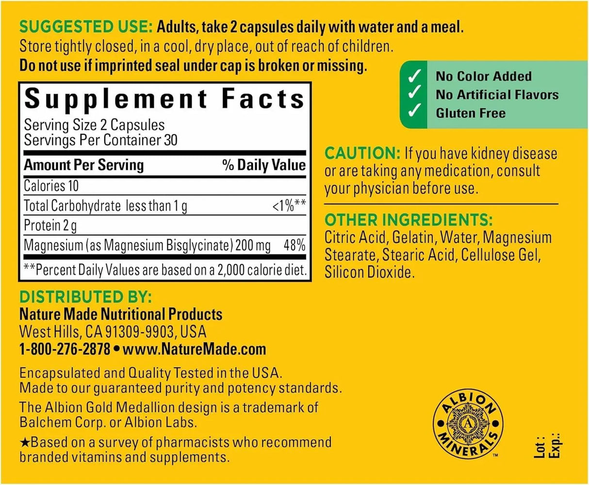 NATURE MADE - Nature Made Magnesium Glycinate 200Mg. 60 Capsulas - The Red Vitamin MX - Suplementos Alimenticios - {{ shop.shopifyCountryName }}