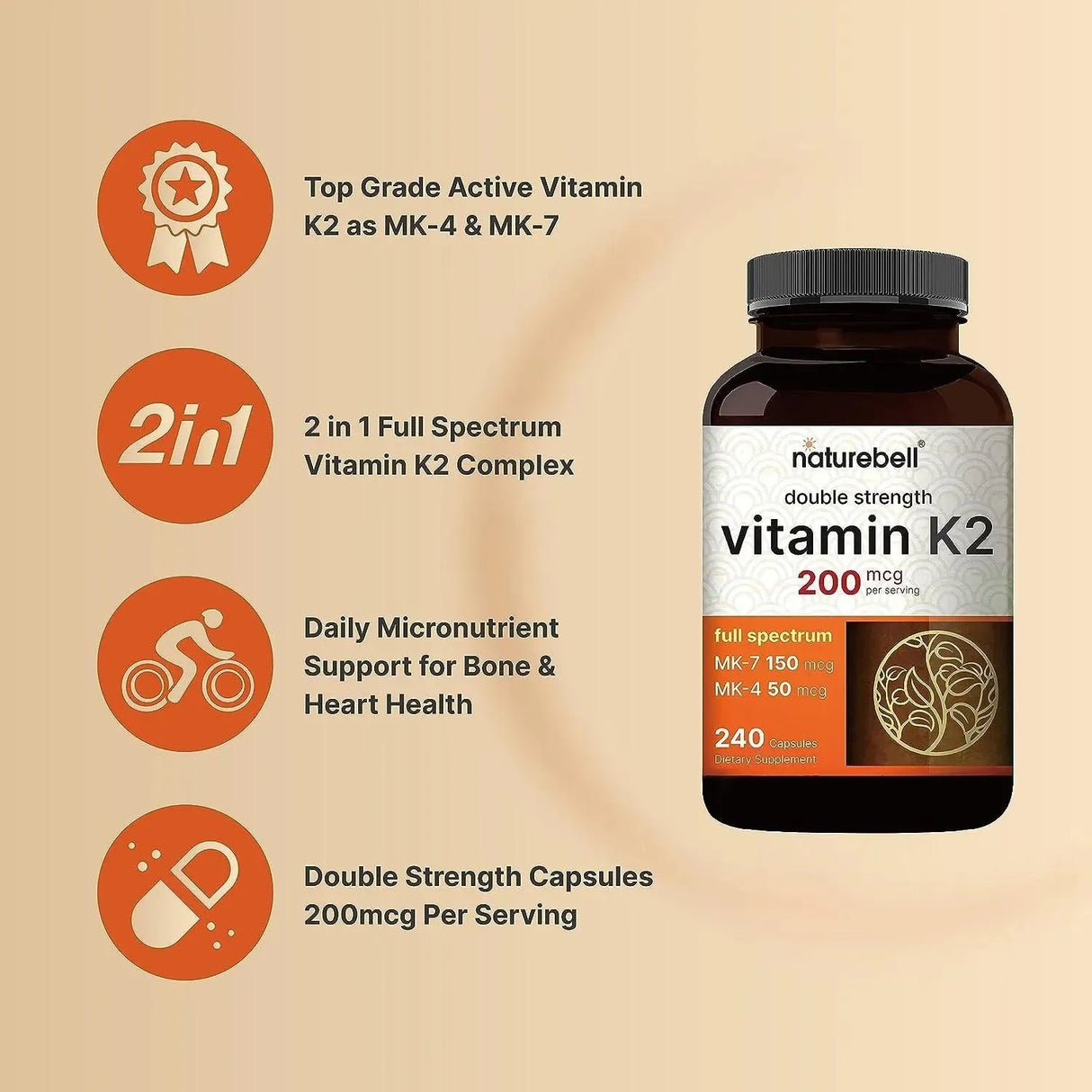 NATUREBELL - NatureBell Full Spectrum Vitamin K2 200mcg 240 Capsulas - The Red Vitamin MX - Suplementos Alimenticios - {{ shop.shopifyCountryName }}