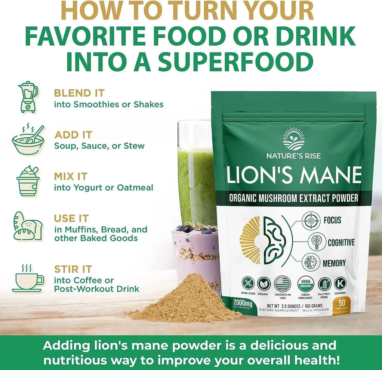 NATURES RISE - Natures Rise Lions Mane Mushroom Powder Organic Supplement 50 Servicios 100Gr. - The Red Vitamin MX - Suplementos Alimenticios - {{ shop.shopifyCountryName }}