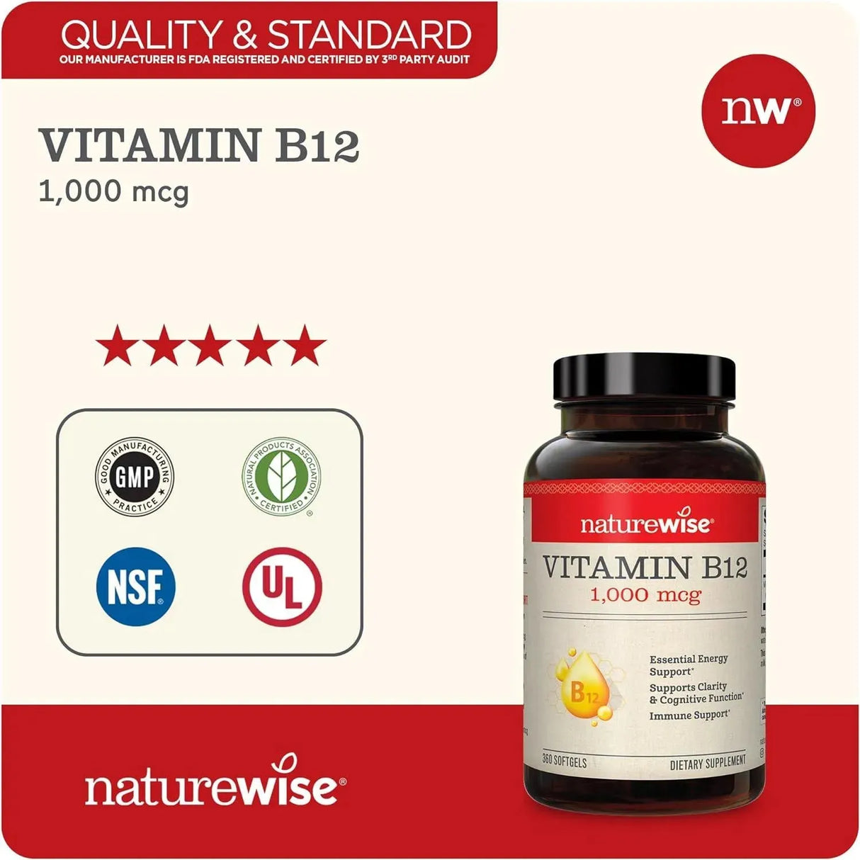 NATUREWISE - NatureWise Vitamin B12 1,000mcg 360 Capsulas Blandas - The Red Vitamin MX - Suplementos Alimenticios - {{ shop.shopifyCountryName }}