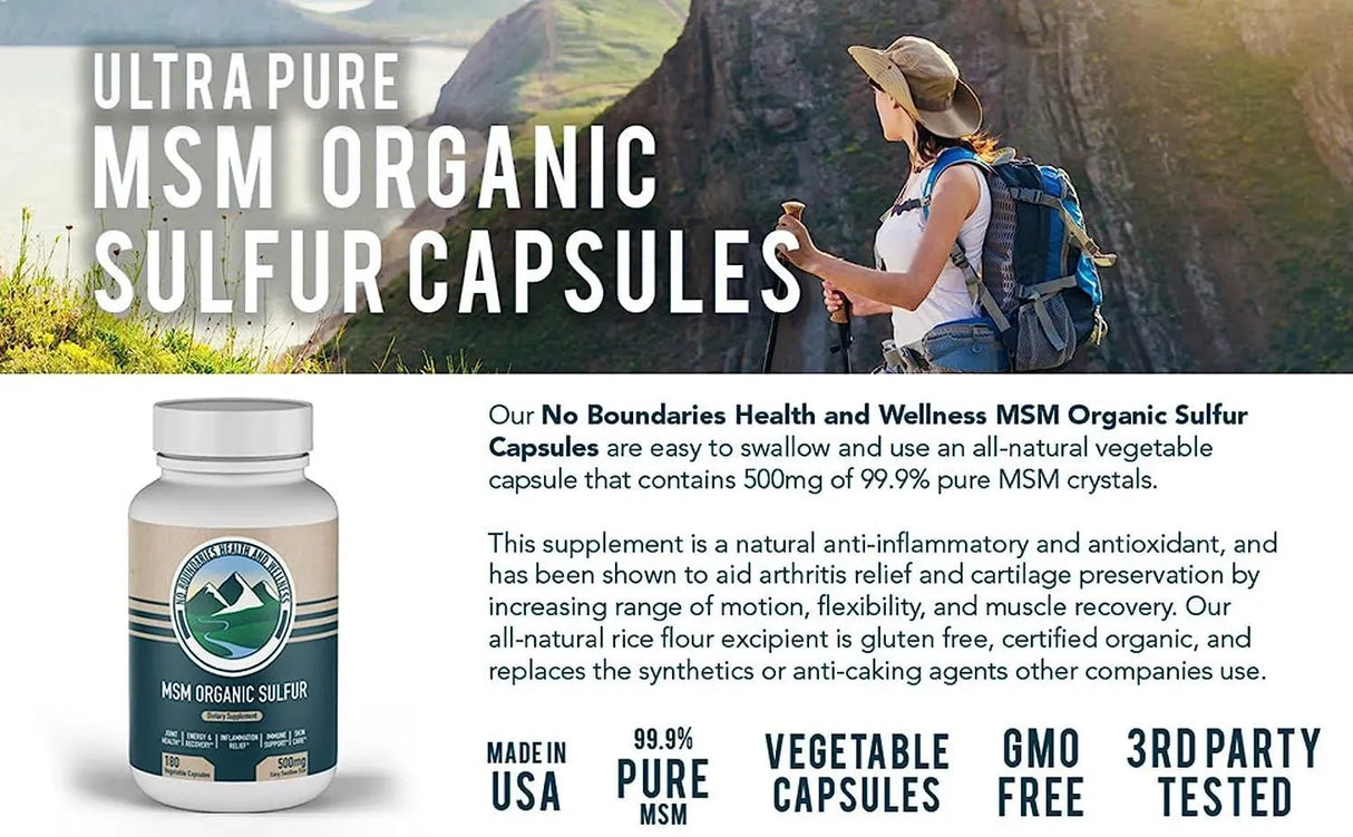 NO BOUNDARIES HEALTH AND WELLNESS - No Boundaries Health and Wellness MSM Organic Sulfur 500Mg. 180 Capsulas - The Red Vitamin MX - Suplementos Alimenticios - {{ shop.shopifyCountryName }}