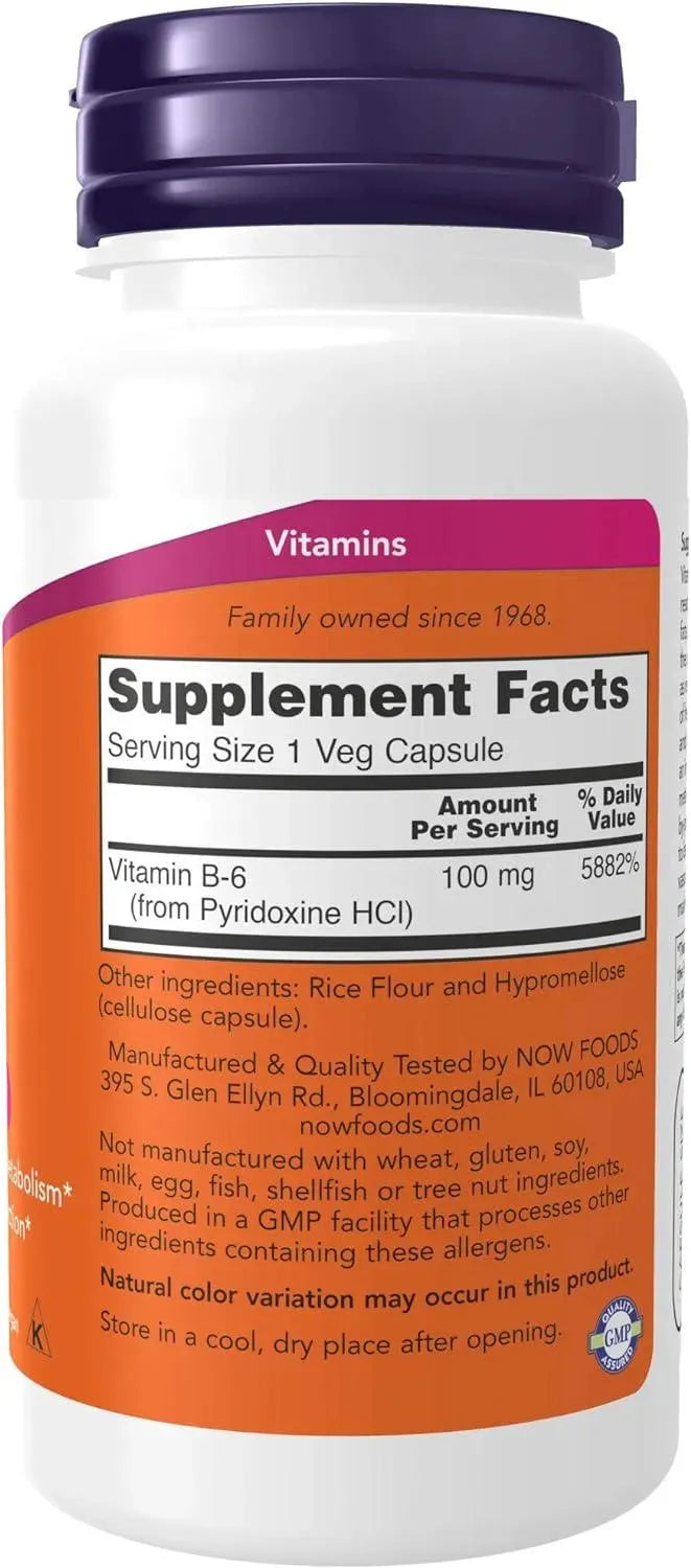 NOW SUPPLEMENTS - NOW Supplements Vitamin B-6 100Mg. 100 Capsulas - The Red Vitamin MX - Suplementos Alimenticios - {{ shop.shopifyCountryName }}