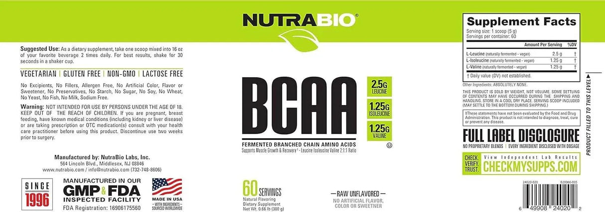 NUTRABIO - NutraBio BCAA 5000 Powder Unflavored 60 Servicios 300Gr. - The Red Vitamin MX - Suplementos Alimenticios - {{ shop.shopifyCountryName }}