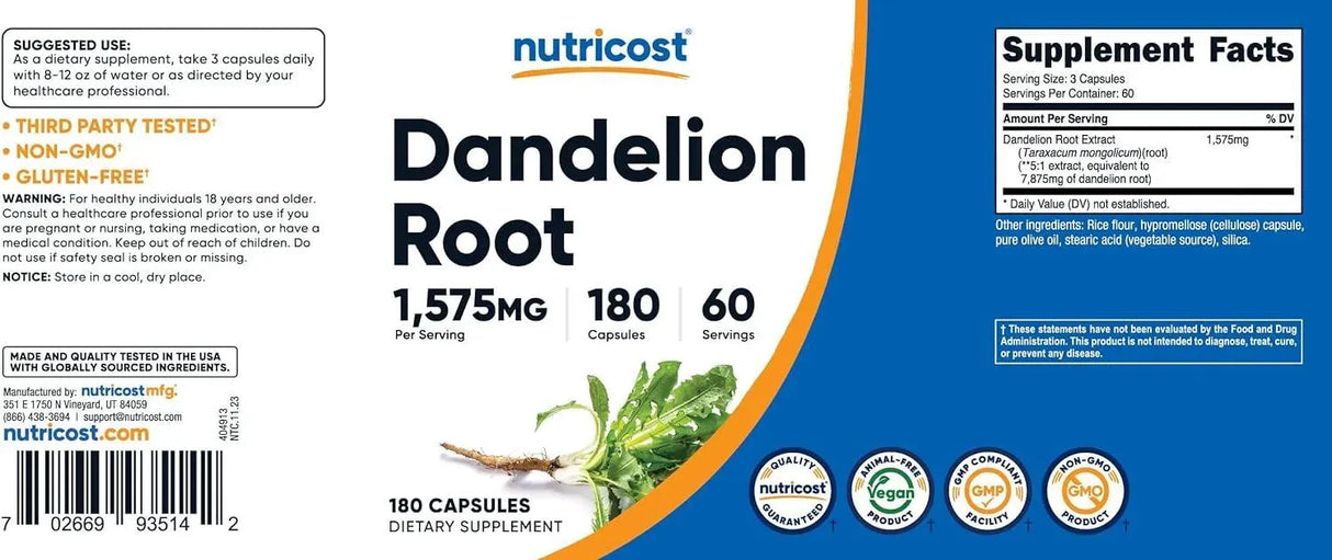 NUTRICOST - Nutricost Dandelion Root Extract 525Mg. 180 Capsulas - The Red Vitamin MX - Suplementos Alimenticios - {{ shop.shopifyCountryName }}