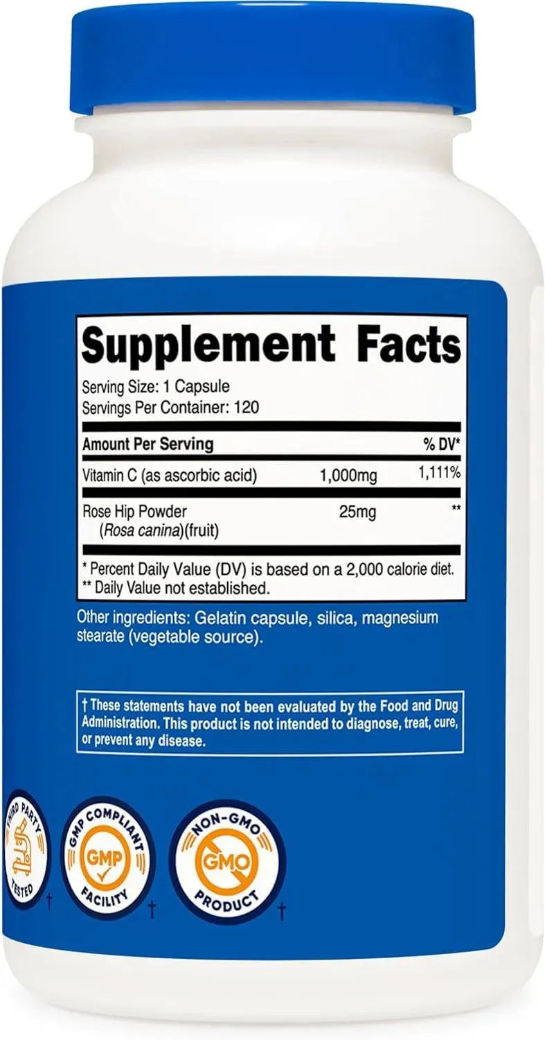 NUTRICOST - Nutricost Vitamin C with Rose Hips 1000Mg. 120 Capsulas - The Red Vitamin MX - Suplementos Alimenticios - {{ shop.shopifyCountryName }}