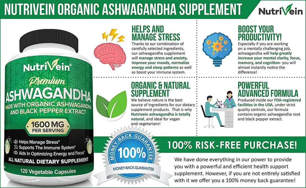NUTRIVEIN - Nutrivein Organic Ashwagandha 1600Mg. 120 Capsulas - The Red Vitamin MX - Suplementos Alimenticios - {{ shop.shopifyCountryName }}