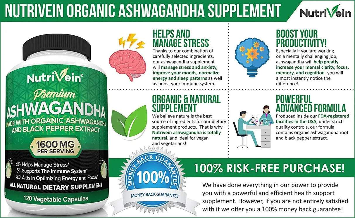 NUTRIVEIN - Nutrivein Organic Ashwagandha 1600Mg. 120 Capsulas - The Red Vitamin MX - Suplementos Alimenticios - {{ shop.shopifyCountryName }}