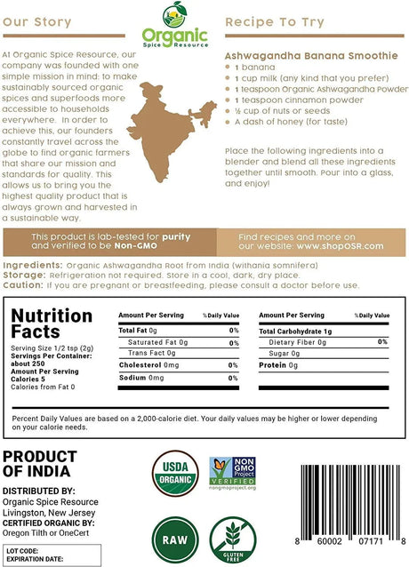 ORGANIC SPICE RESOURCE - Organic Spice Resource Organic Ashwagandha Root Powder 1.10Lbs. - The Red Vitamin MX - Suplementos Alimenticios - {{ shop.shopifyCountryName }}