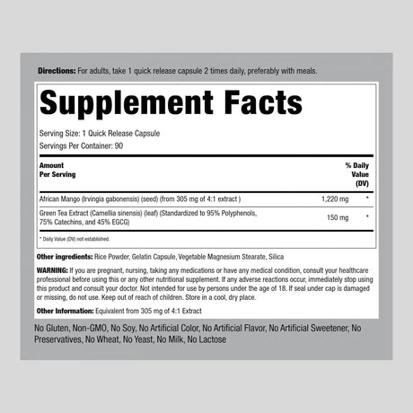 PIPING ROCK - Piping Rock African Mango Seed Extract 1220Mg. 90 Capsulas - The Red Vitamin MX - Suplementos Alimenticios - {{ shop.shopifyCountryName }}