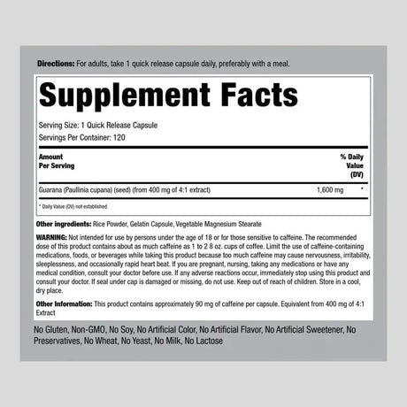 PIPING ROCK - Piping Rock Guarana 1600Mg. 120 Capsulas - The Red Vitamin MX - Suplementos Alimenticios - {{ shop.shopifyCountryName }}