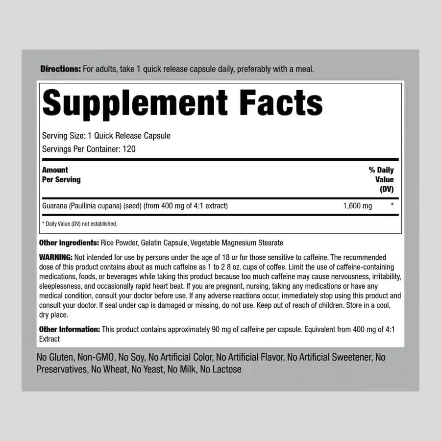 PIPING ROCK - Piping Rock Guarana 1600Mg. 120 Capsulas - The Red Vitamin MX - Suplementos Alimenticios - {{ shop.shopifyCountryName }}